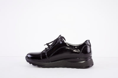 WALDLAUFER - 364023 HIROKO- LACED/ZIP LOW WEDGE SHOE - BLACK PATENT