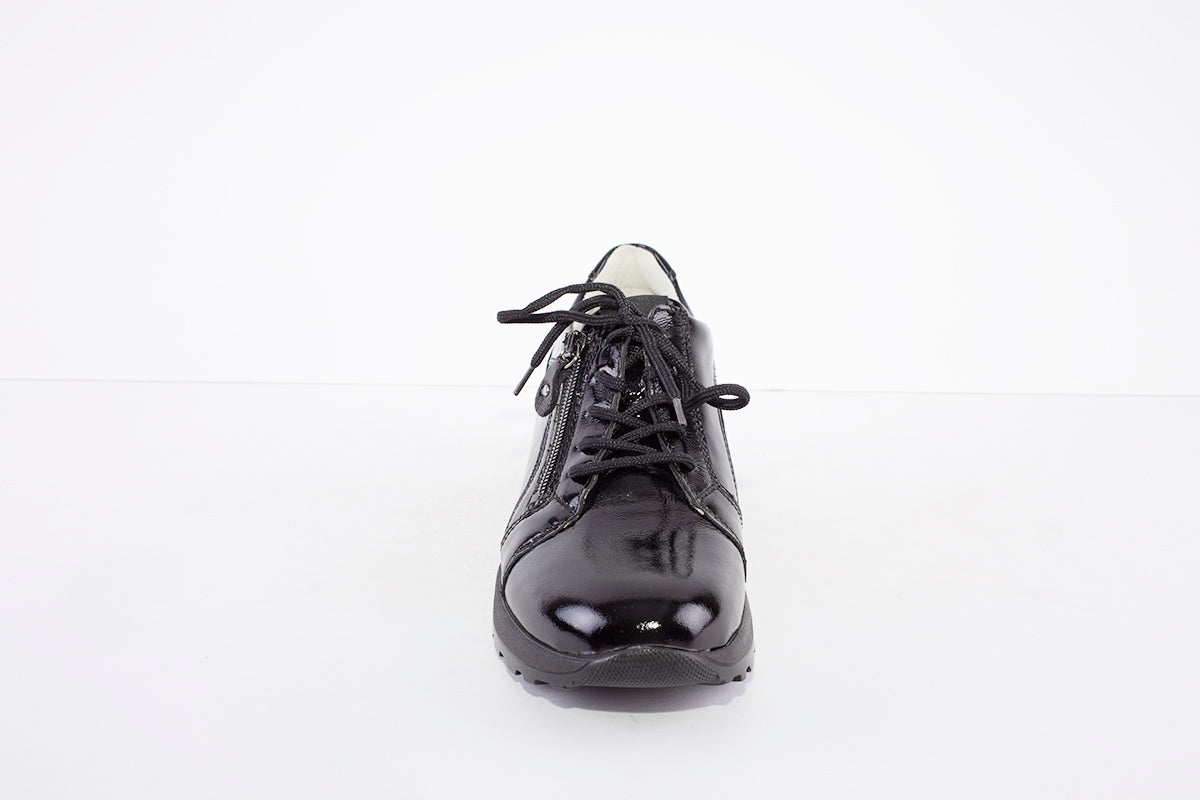 WALDLAUFER - 364023 HIROKO- LACED/ZIP LOW WEDGE SHOE - BLACK PATENT