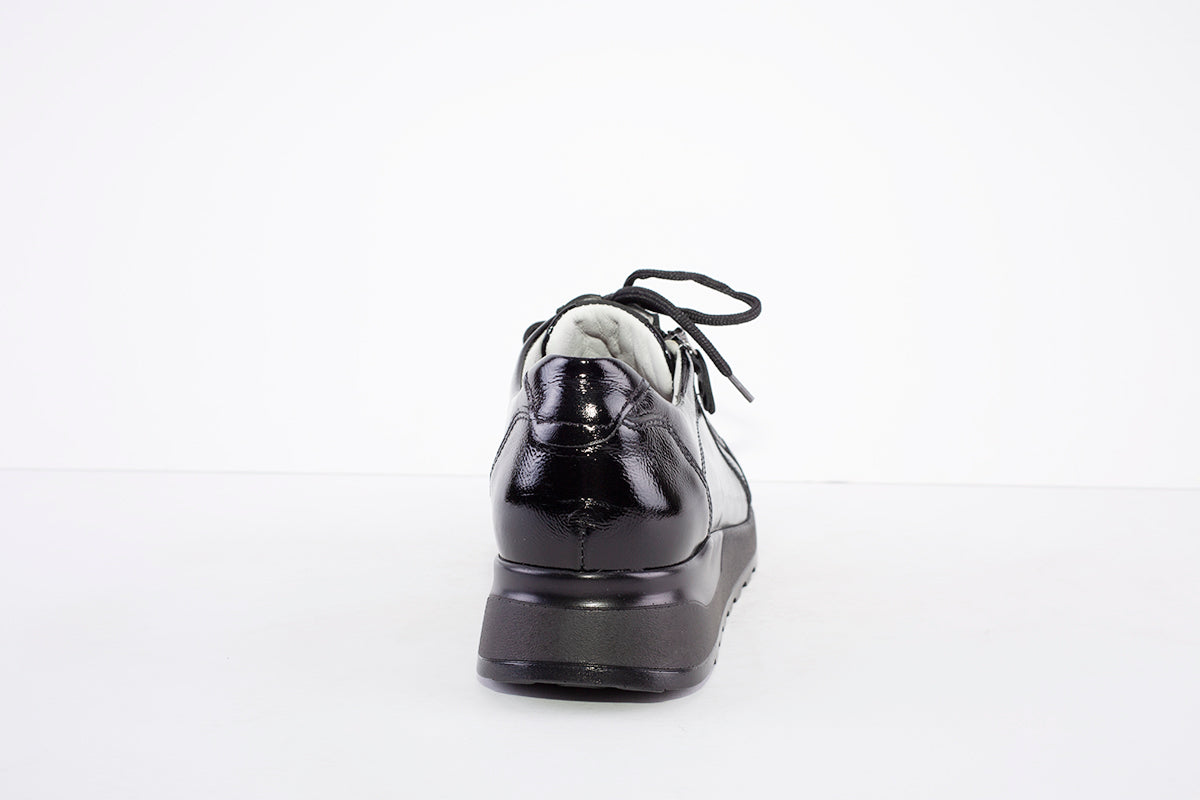 WALDLAUFER - 364023 HIROKO- LACED/ZIP LOW WEDGE SHOE - BLACK PATENT