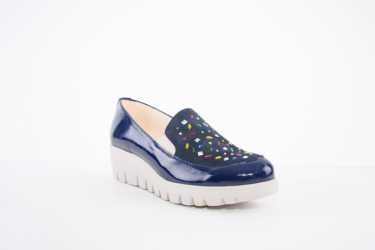 WONDERS - 33205 LOW WEDGE SLIP-ON SHOE - NAVY MULTI