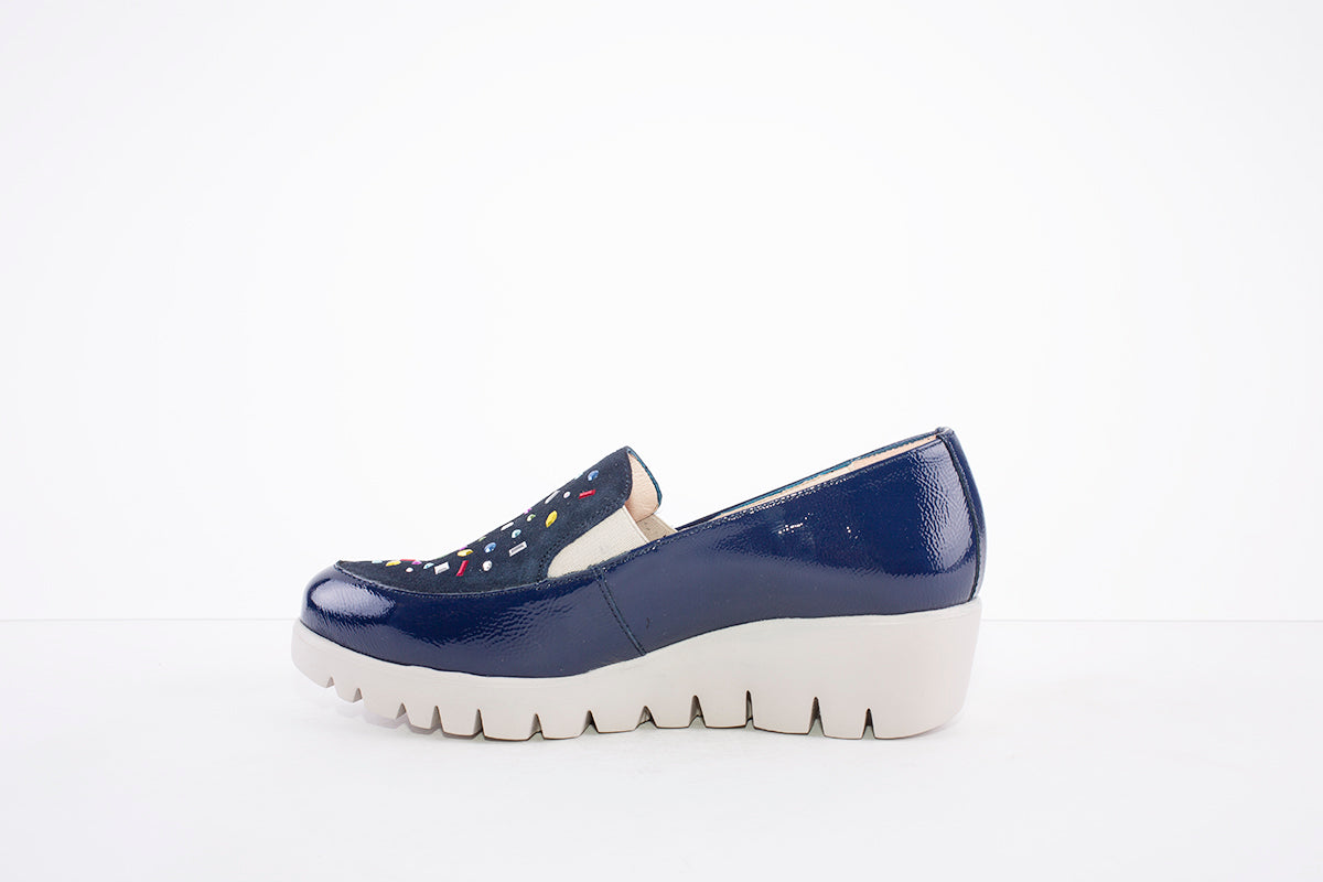 WONDERS - 33205 LOW WEDGE SLIP-ON SHOE - NAVY MULTI