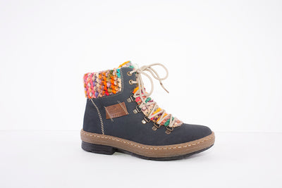 RIEKER - Z6743-15 - LACED WALKING BOOT WITH KNITTED CUFF - BLUE