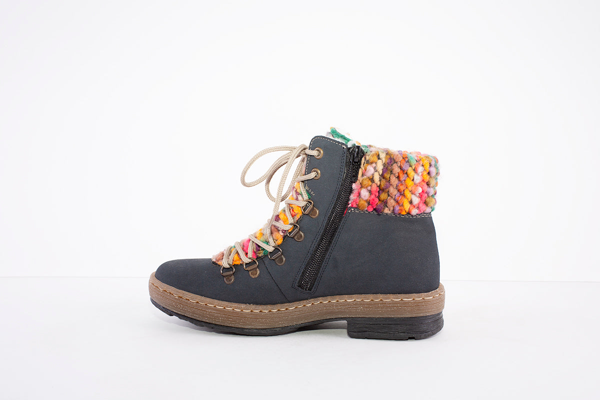 RIEKER - Z6743-15 - LACED WALKING BOOT WITH KNITTED CUFF - BLUE