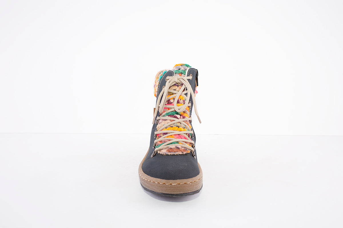 RIEKER - Z6743-15 - LACED WALKING BOOT WITH KNITTED CUFF - BLUE