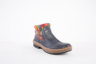 RIEKER - Z6784-14 - FLAT ANKLE BOOT WITH WOOLLY TRIM & SIDE ZIP - NAVY