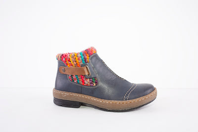 RIEKER - Z6784-14 - FLAT ANKLE BOOT WITH WOOLLY TRIM & SIDE ZIP - NAVY