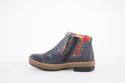 RIEKER - Z6784-14 - FLAT ANKLE BOOT WITH WOOLLY TRIM & SIDE ZIP - NAVY