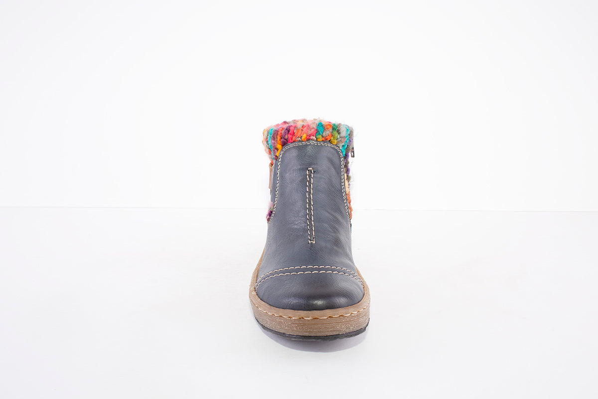 RIEKER - Z6784-14 - FLAT ANKLE BOOT WITH WOOLLY TRIM & SIDE ZIP - NAVY