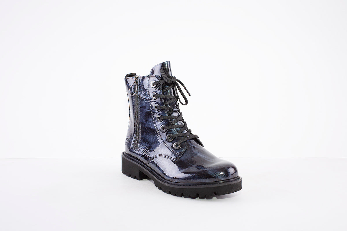 REMONTE - D8671-15 LOW HEEL LACED ANKLE BOOT WITH ZIP - NAVY PATENT