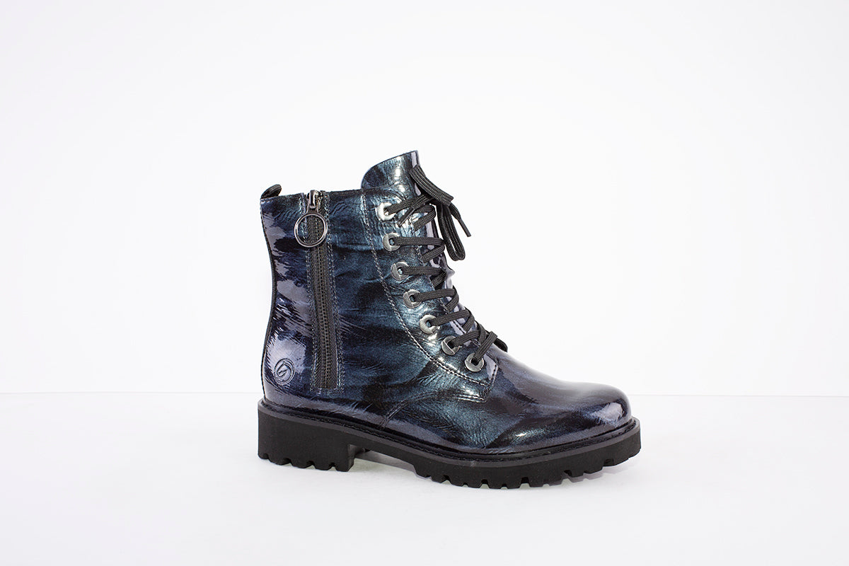 REMONTE - D8671-15 LOW HEEL LACED ANKLE BOOT WITH ZIP - NAVY PATENT