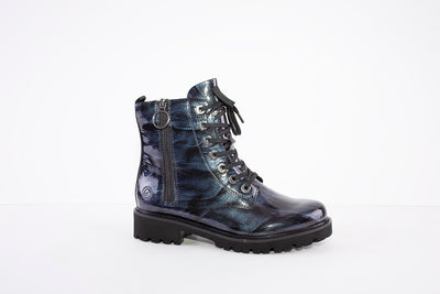 REMONTE - D8671-15 LOW HEEL LACED ANKLE BOOT WITH ZIP - NAVY PATENT