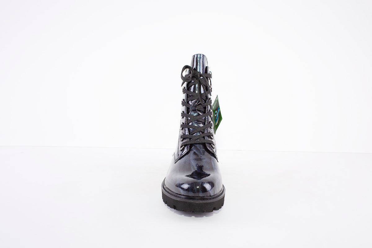 REMONTE - D8671-15 LOW HEEL LACED ANKLE BOOT WITH ZIP - NAVY PATENT