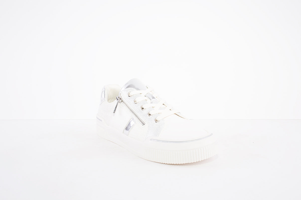 REFRESH - 79545 FLAT LACE UP/ZIP FASHION SHOE - WHITE/SILVER