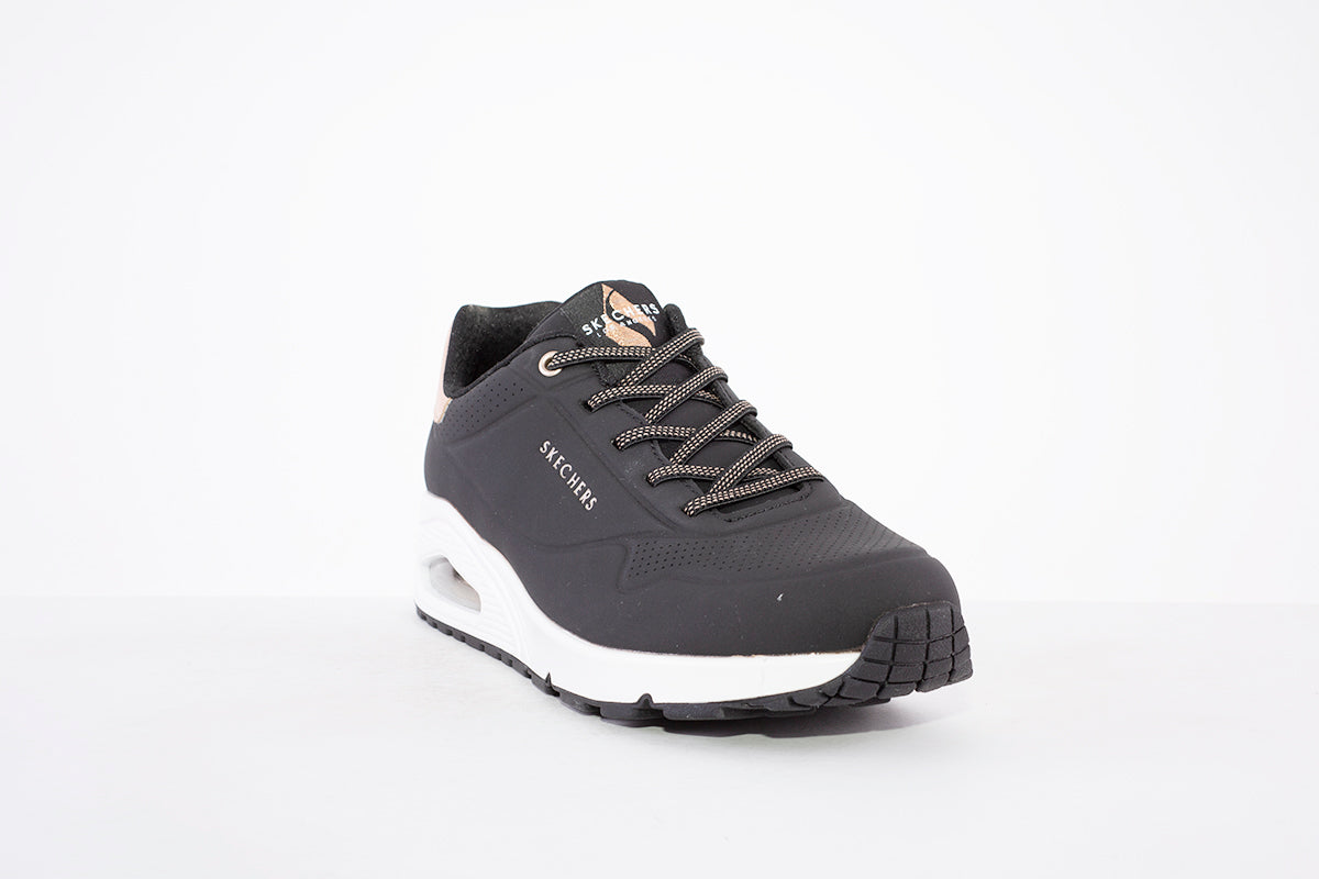 SKECHERS - 155196 UNO-SHIMMER AWAY- LACED TRAINER - BLACK/ROSEGOLD