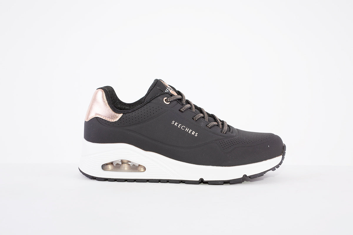 SKECHERS - 155196 UNO-SHIMMER AWAY- LACED TRAINER - BLACK/ROSEGOLD