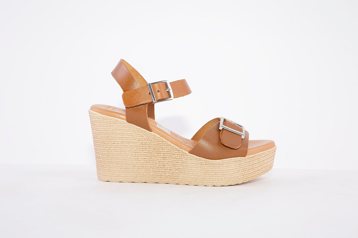 OH MY SANDALS - 5037 HIGH PLATFORM WEDGE DOUBLE BUCKLE SANDAL - TAN