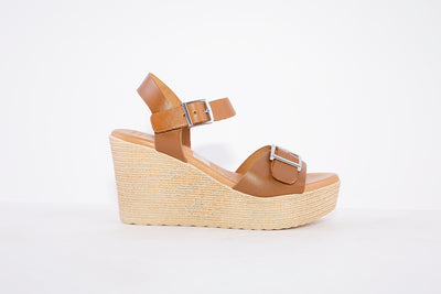 OH MY SANDALS - 5037 HIGH PLATFORM WEDGE DOUBLE BUCKLE SANDAL - TAN