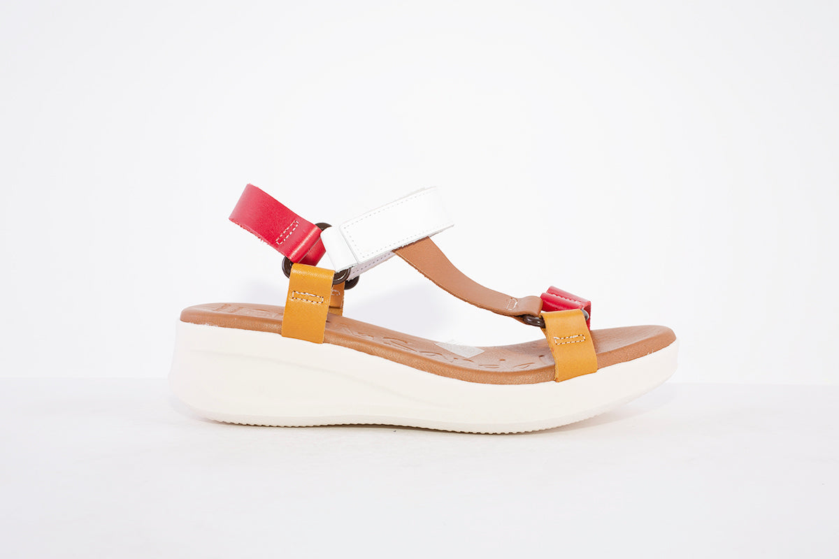OH MY SANDALS - 4993 LOW WEDGE VELCRO STRAP FASHION SANDAL - RED MIX