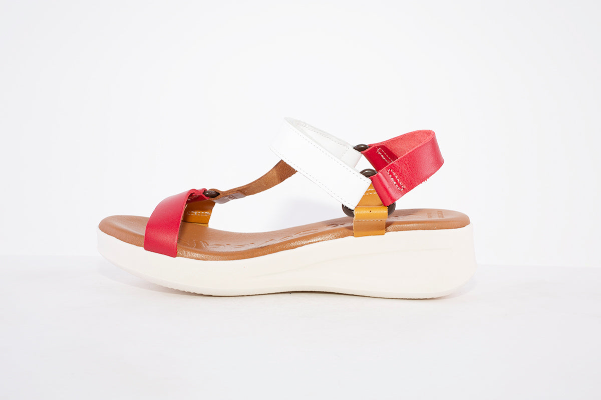 OH MY SANDALS - 4993 LOW WEDGE VELCRO STRAP FASHION SANDAL - RED MIX