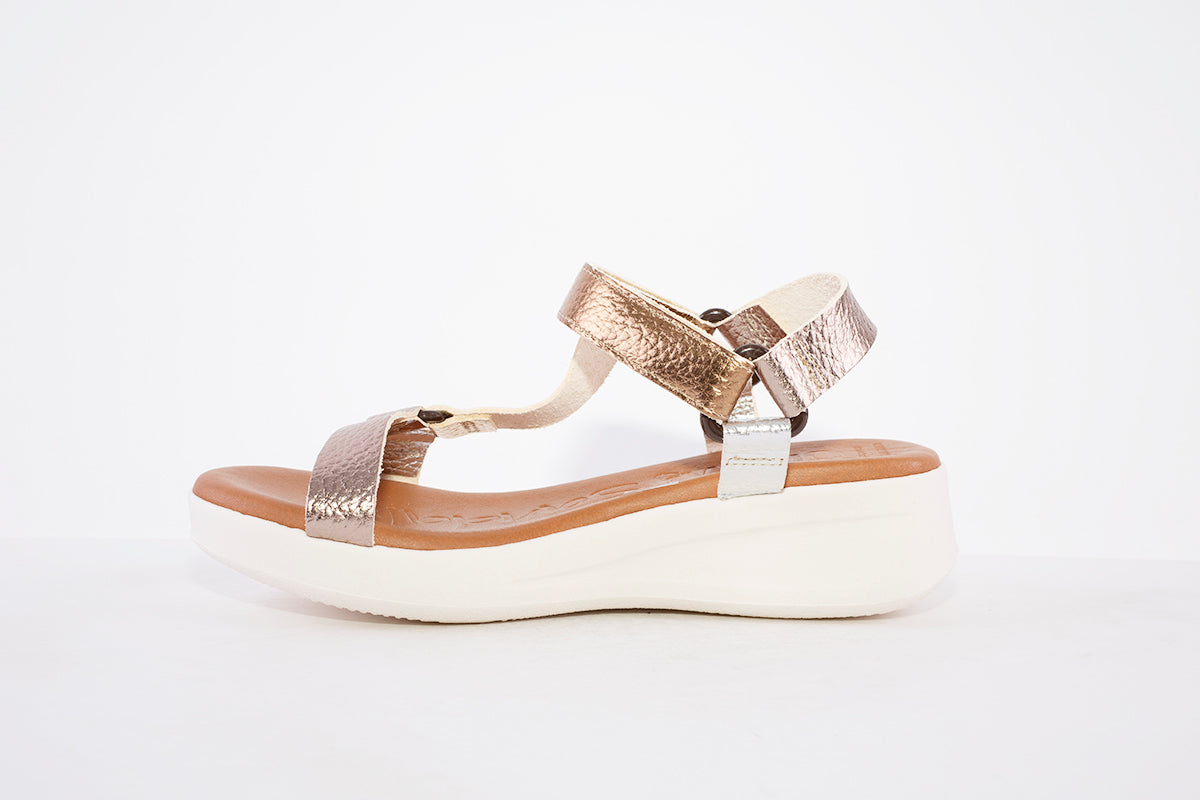 OH MY SANDALS- 4993 LOW WEDGE VELCRO STRAP FASHION SANDAL - BRONZE MIX