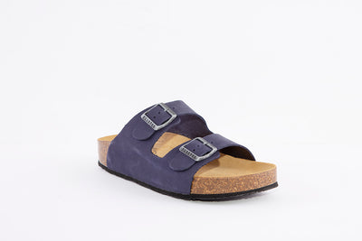 PLAKTON - 340010 DOUBLE BUCKLE FLAT MULE - BLUE NUBUCK
