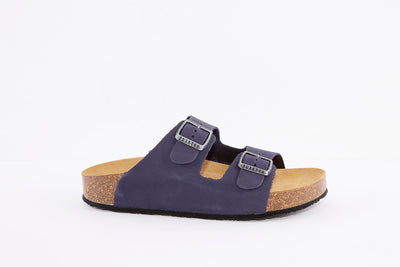 PLAKTON - 340010 DOUBLE BUCKLE FLAT MULE - BLUE NUBUCK