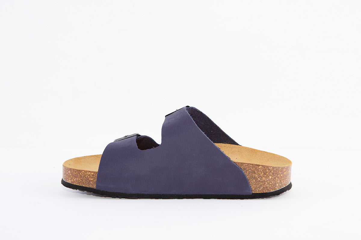 PLAKTON - 340010 DOUBLE BUCKLE FLAT MULE - BLUE NUBUCK