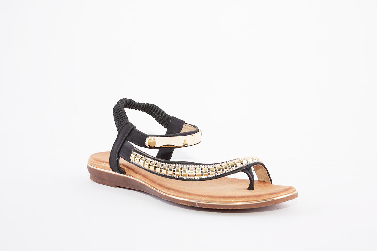 CIPRIATA - L123A ELASTICATED JEWELLED FLAT TOE-POST SANDAL - BLACK