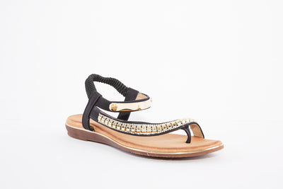 CIPRIATA - L123A ELASTICATED JEWELLED FLAT TOE-POST SANDAL - BLACK