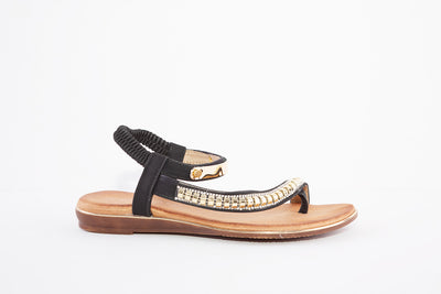 CIPRIATA - L123A ELASTICATED JEWELLED FLAT TOE-POST SANDAL - BLACK