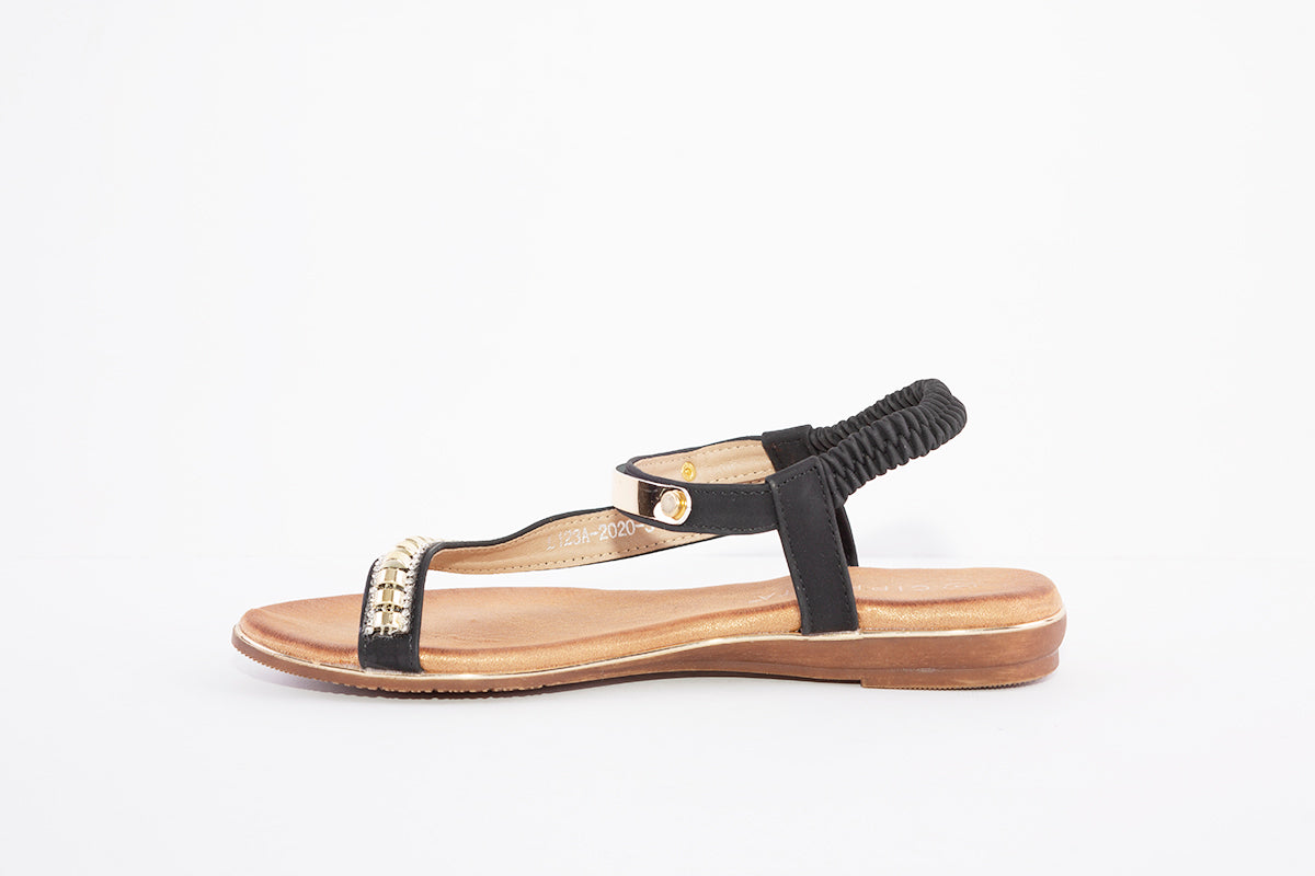 CIPRIATA - L123A ELASTICATED JEWELLED FLAT TOE-POST SANDAL - BLACK