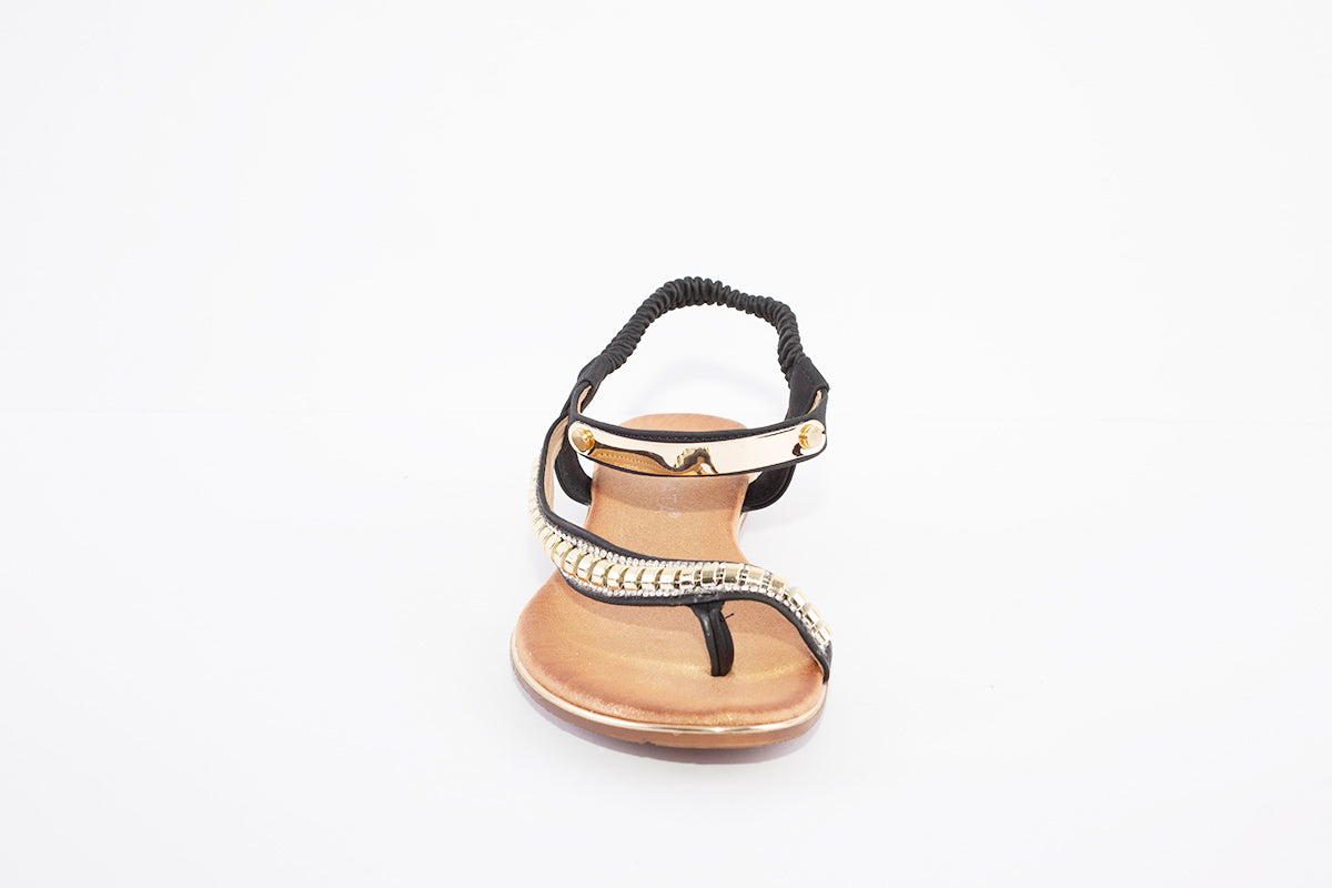 CIPRIATA - L123A ELASTICATED JEWELLED FLAT TOE-POST SANDAL - BLACK