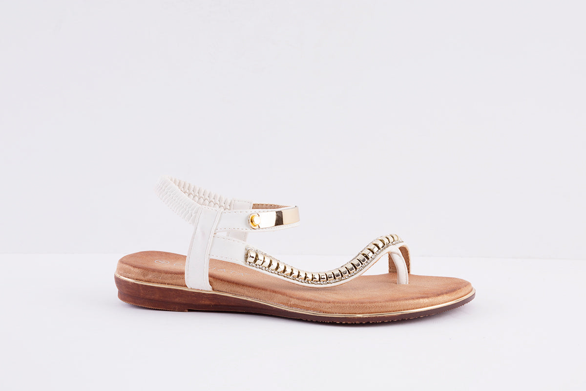 CIPRIATA - L123G ELASTICATED JEWELLED FLAT TOE-POST SANDAL - WHITE