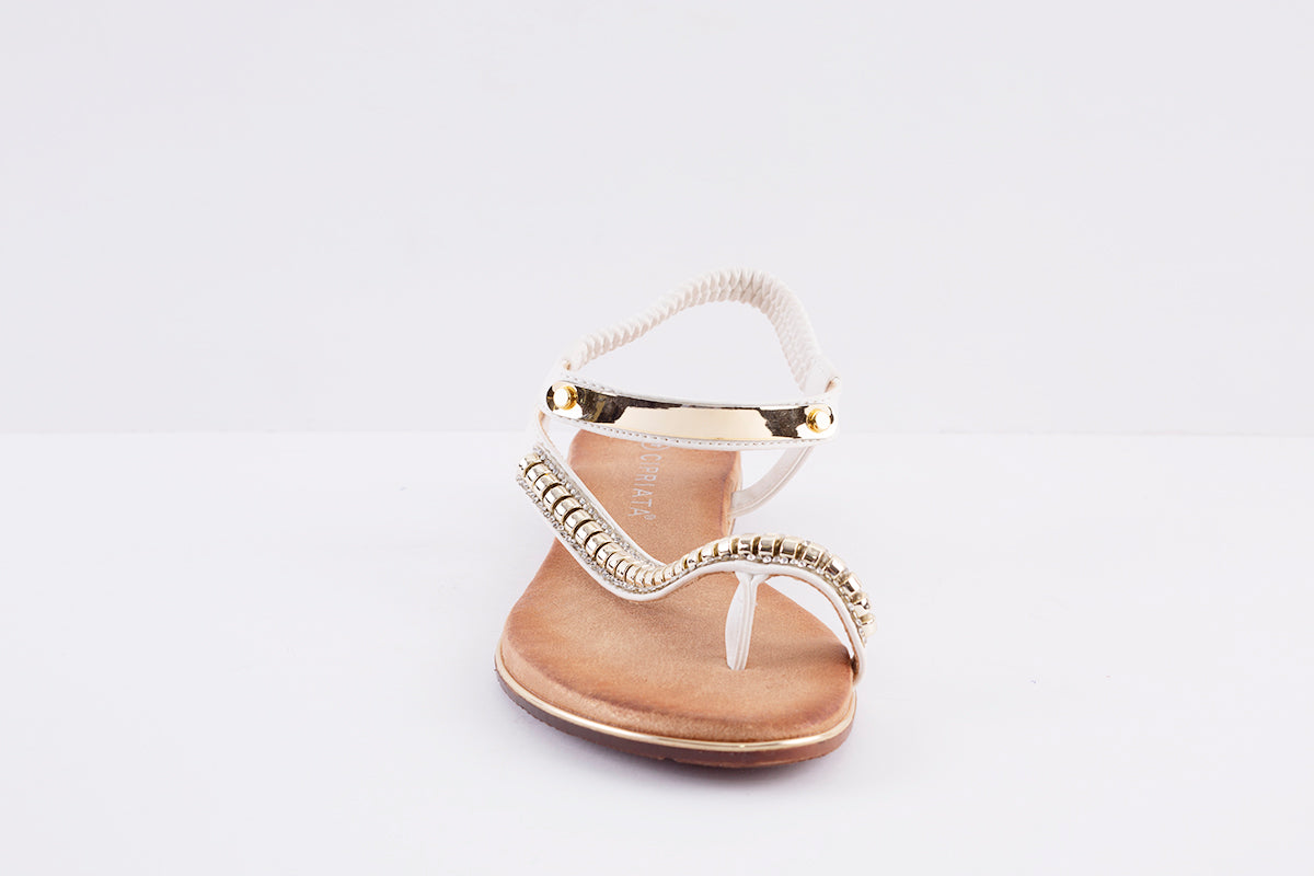 CIPRIATA - L123G ELASTICATED JEWELLED FLAT TOE-POST SANDAL - WHITE