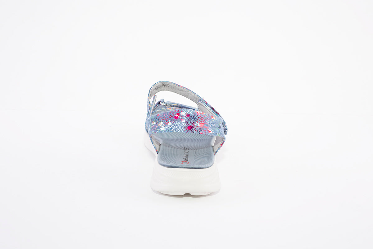 HEAVENLY FEET - OYSTER FLAT VELCRO STRAP COMFORT SANDAL - DENIM MULTI