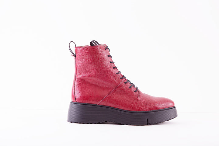 Wonders A-9350 Red Leather Laced Wedge Ankle Boot with Side Zip