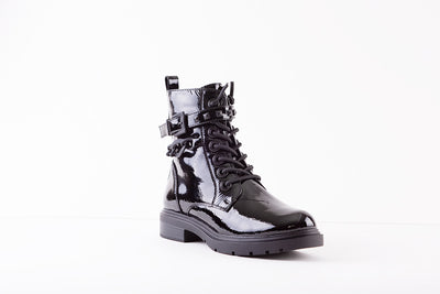 MARCO TOZZI - 25247-018 LOW HEEL ZIP/LACE ANKLE BOOT - BLACK PATENT