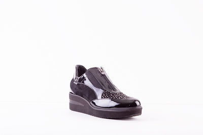 MARCO MOREO - C502 CJ2 FRONT ZIP WEDGE SHOE WITH DIAMONTE  DETAIL - BLACK PATENT SUEDE