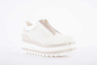MARCO MOREO - Front Zip Platform Wedge Shoe - Cream/Gold