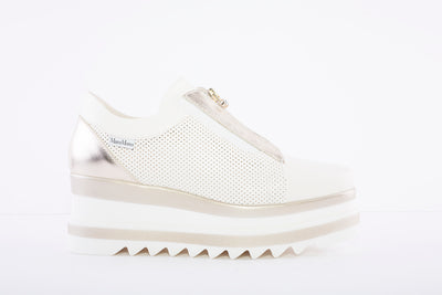 MARCO MOREO - Front Zip Platform Wedge Shoe - Cream/Gold
