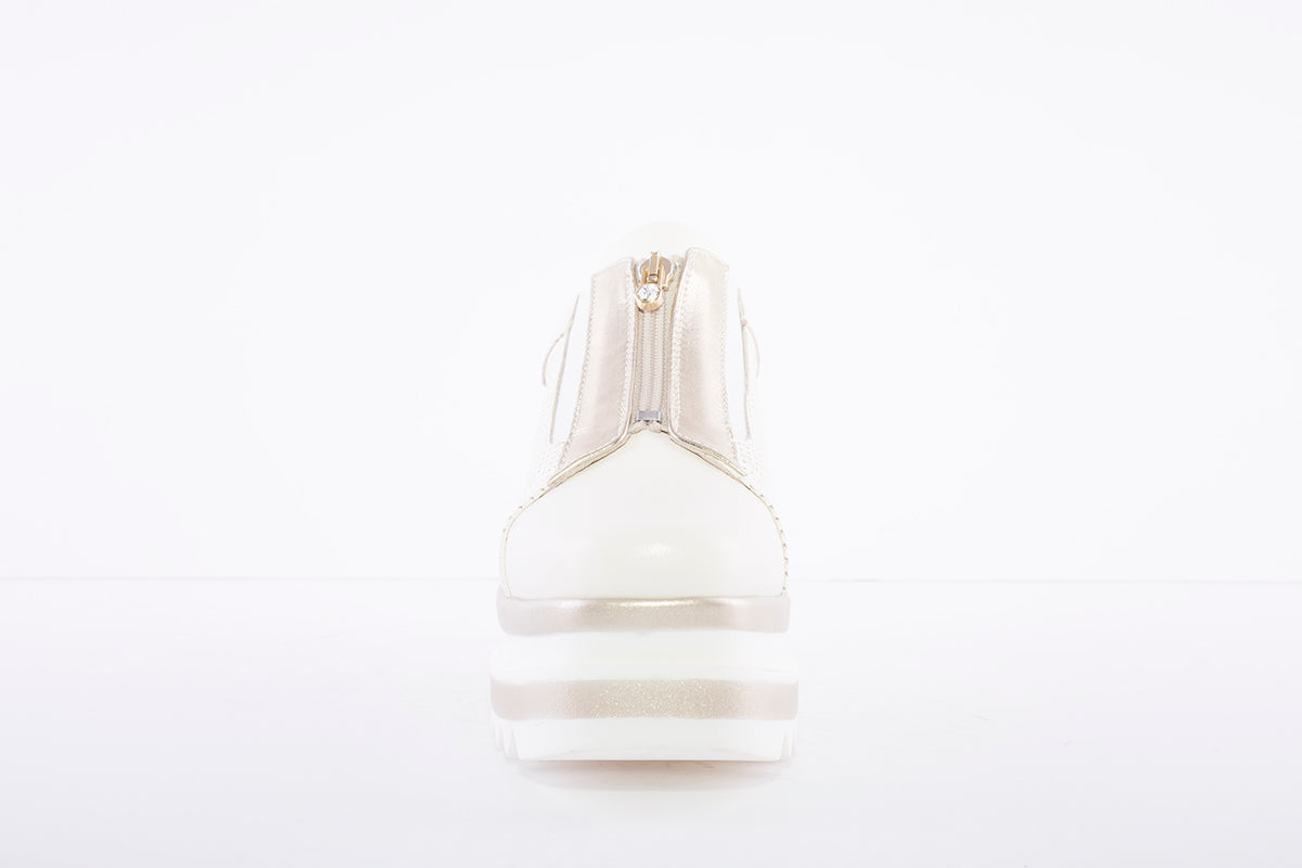 MARCO MOREO - Front Zip Platform Wedge Shoe - Cream/Gold