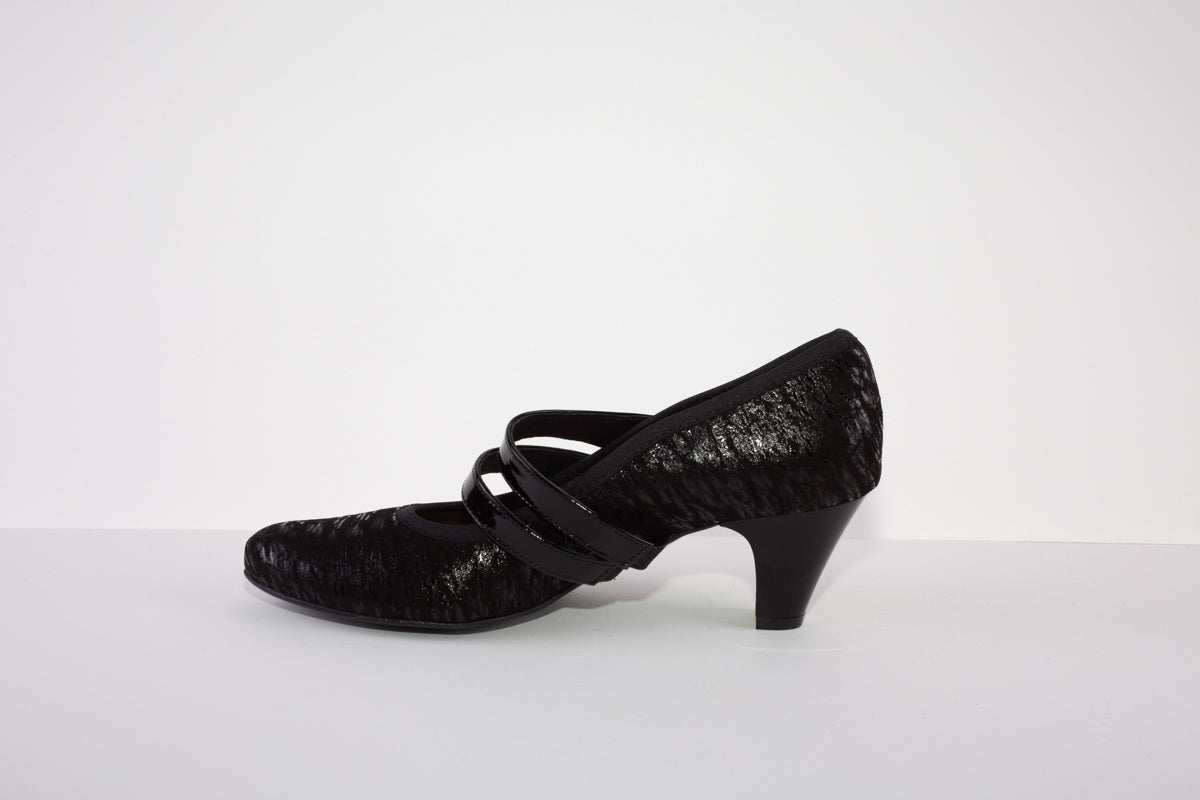 BIOECO 5536 LOW HEEL DOUBLE STRAP SHOE - BLACK SUEDE