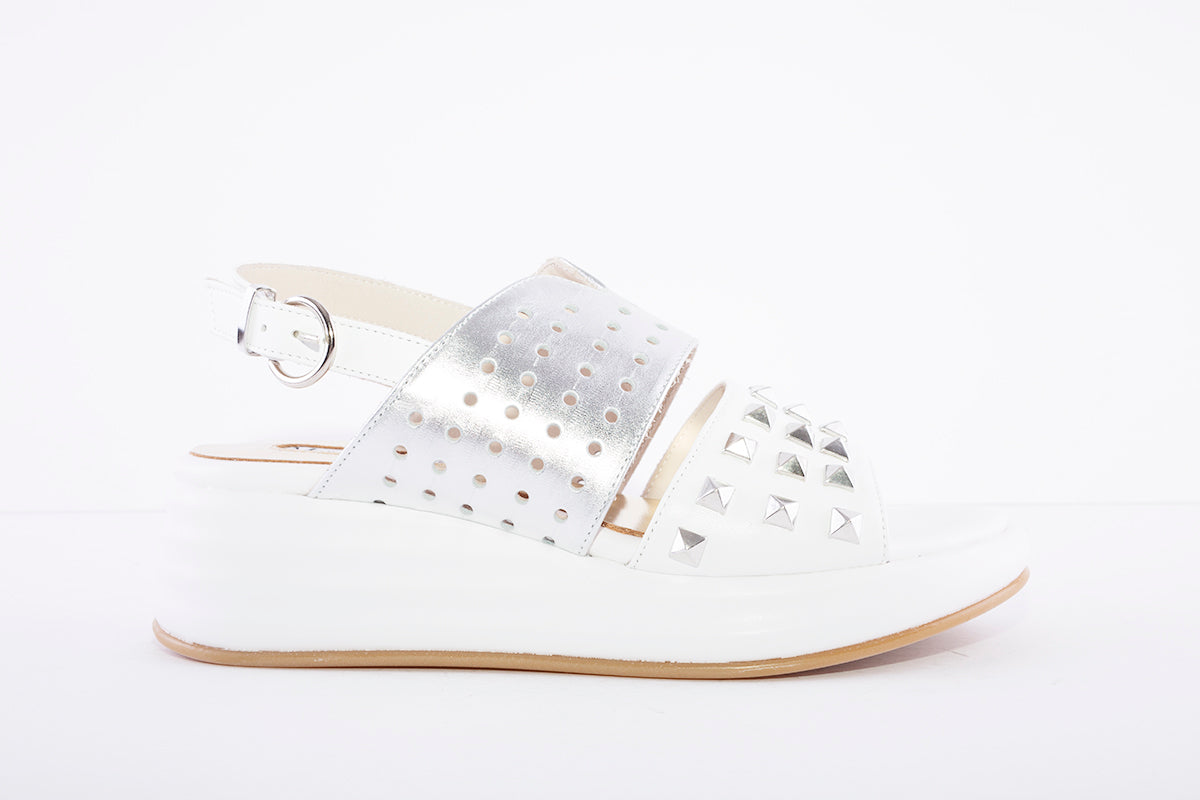 MARCO MOREO - Wedge Strap Studded Sandal - White/Silver
