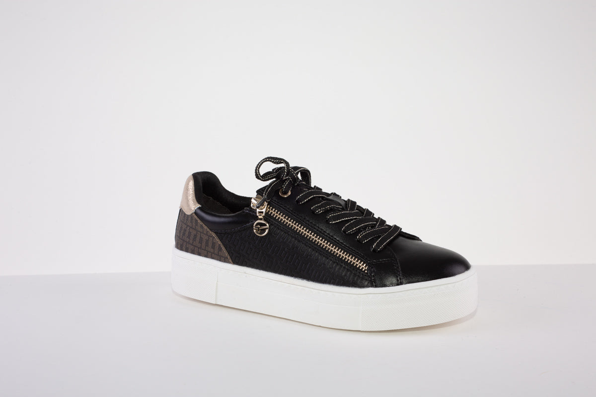 TAMARIS 23313-097 FLAT FASHION LACED SHOE WITH ZIP - BLACK/GOLD