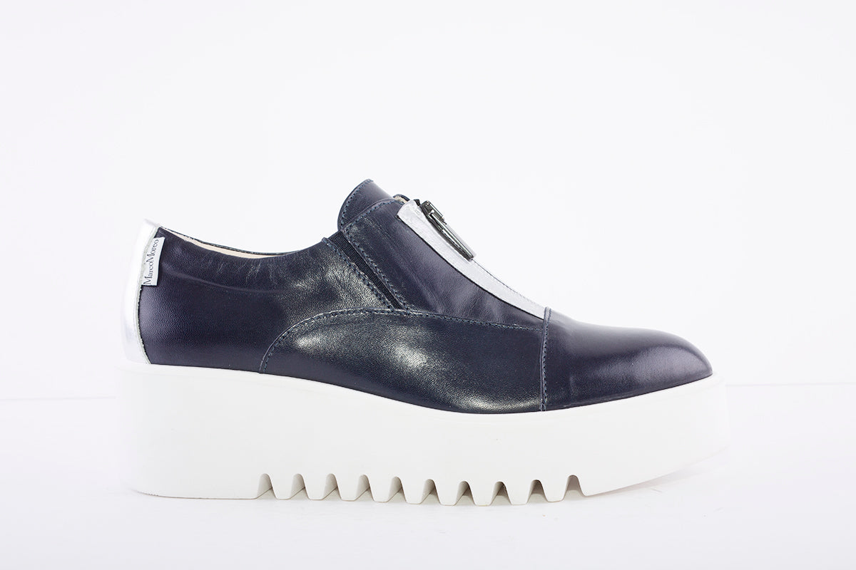 MARCO MOREO - Wedge Front Zip Shoe - Navy Leather