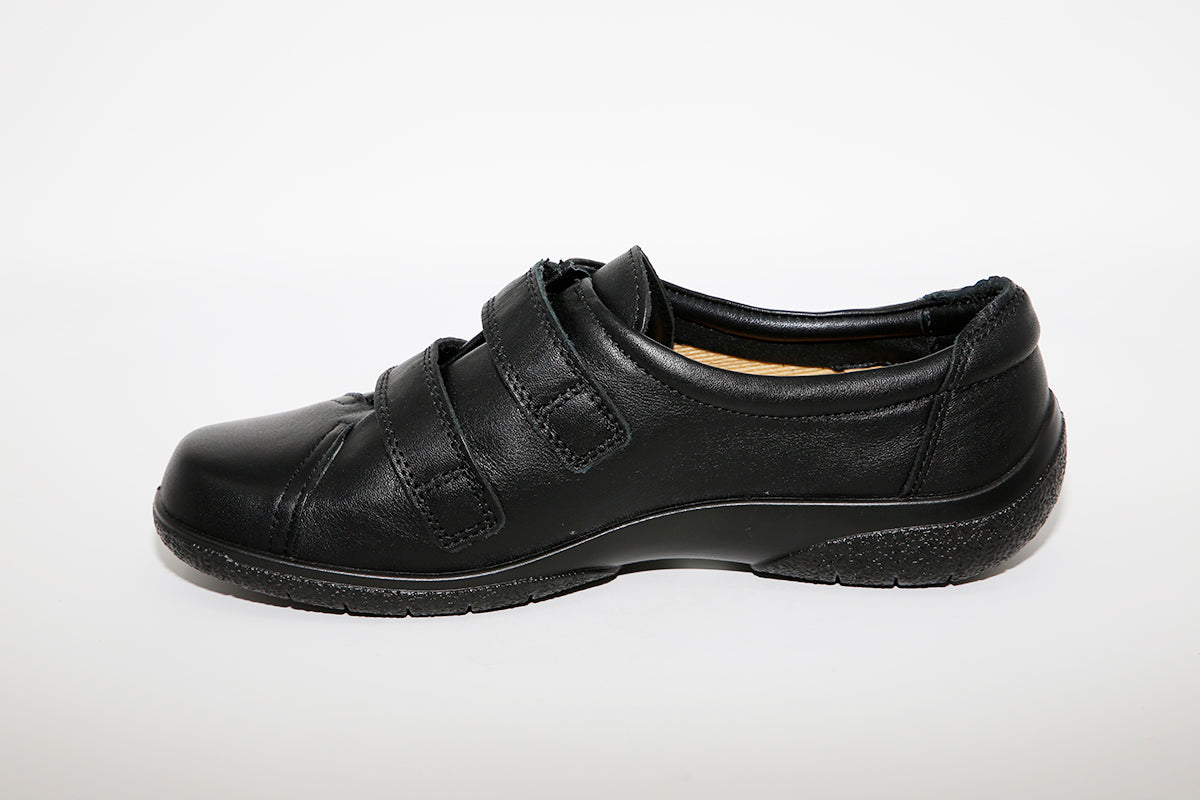 HOTTER - Leap Black Leather Double Velcro Shoe