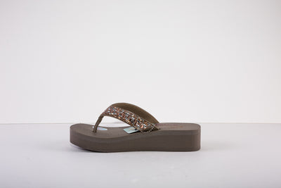 SKECHERS 119296  VINYASA-GEO QUEEN LOW WEDGE TOE-POST MULE - TAUPE