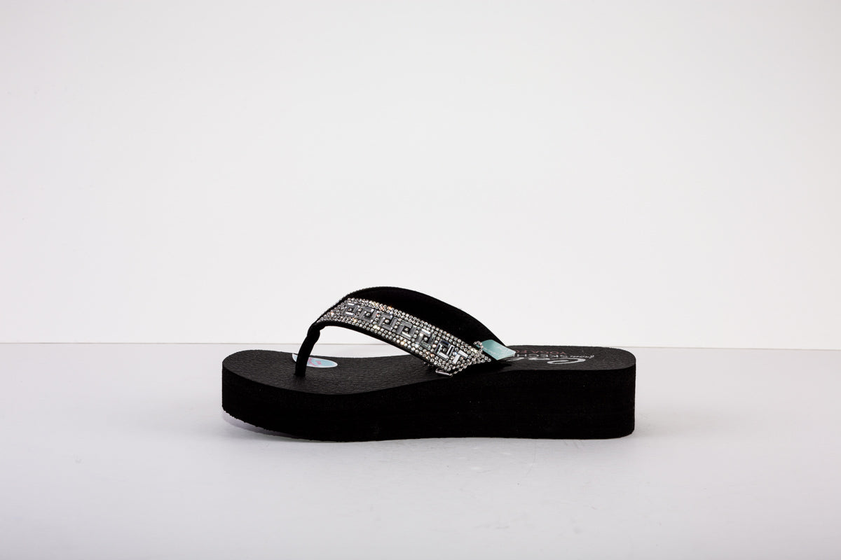 SKECHERS VINYASA-GEO QUEEN LOW WEDGE TOE-POST MULE - BLACK