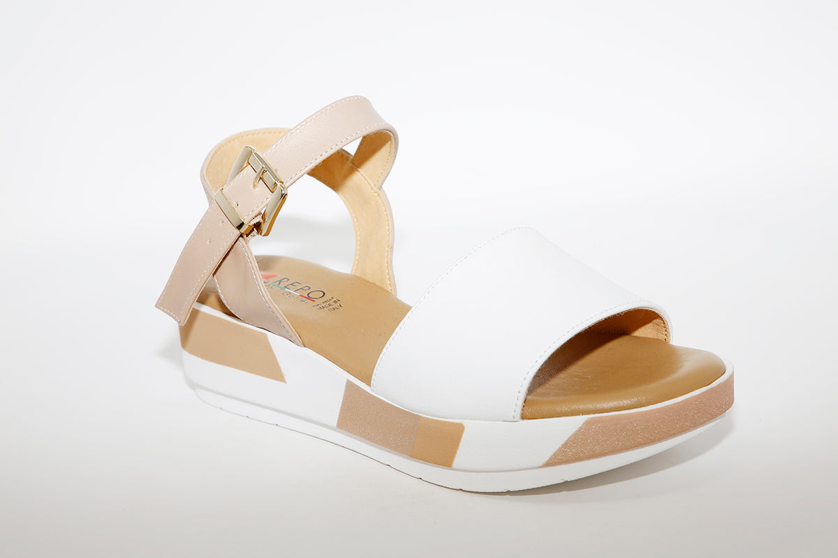 REPO - 11237 WEDGE SANDAL - WHITE/TAUPE