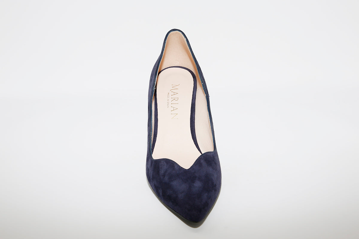 MARIAN - 3113 Navy Suede Scalloped High Heel Court Shoe